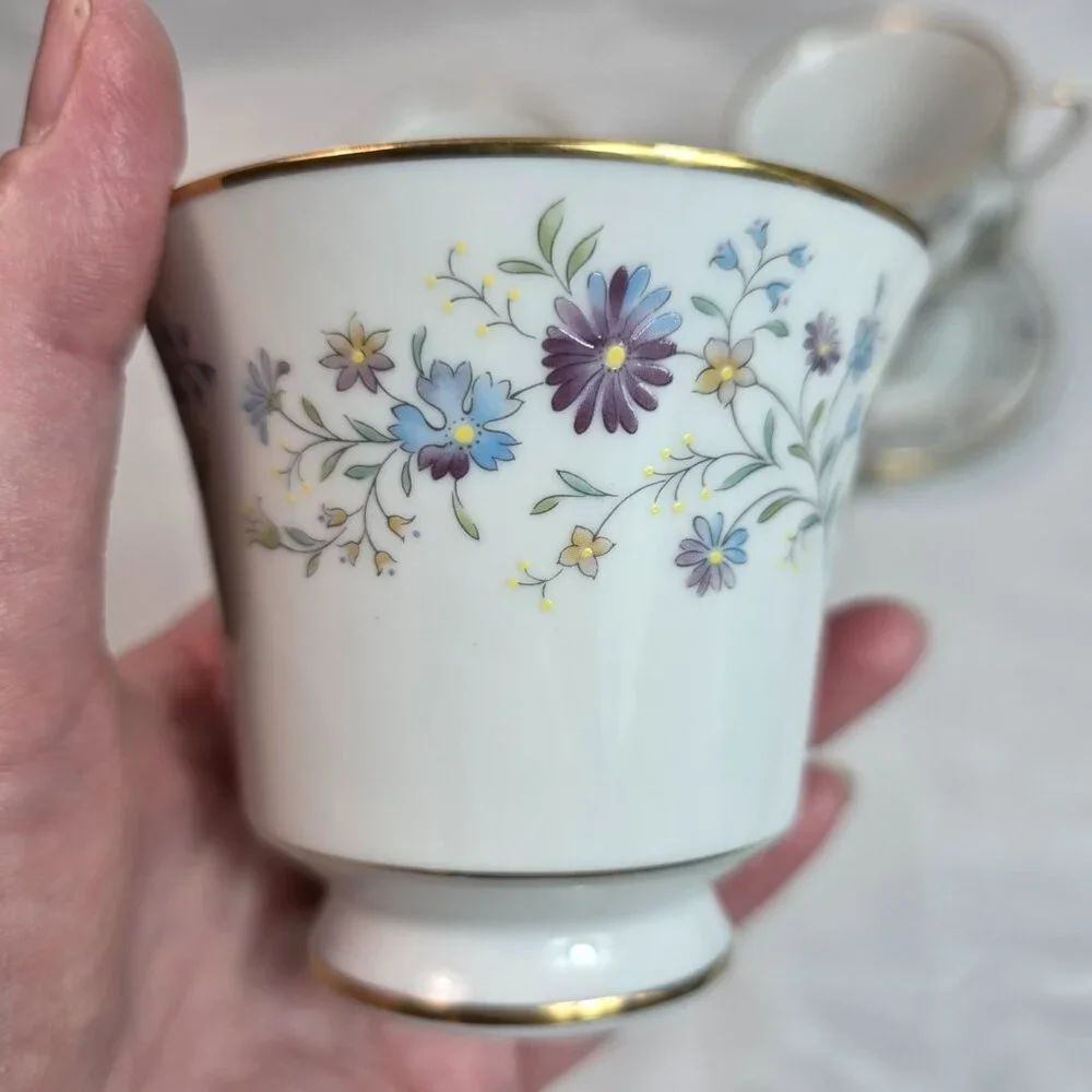 FOUR Noritake Longwood #2485 Cup & Saucer Sets Purple, Blue & Yellow Flowers